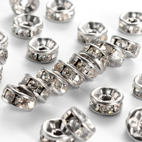 Disc 304 Stainless Steel Spacer Beads, with Rhinestone, Stainless Steel 8mm Disc 304 Stainless Steel Spacer Beads, with Rhinestone, Stainless Steel Color Size: about 8mm in diameter, 4mm thick, hole: 2mm.