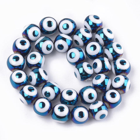(EE6406A) Electroplate Glass Beads Strands, SteelBlue 10mm in diameter, 9.5~10mm in thick, (10 PCS) Electroplate Glass Beads Strands, Round with Evil Eye Pattern, SteelBlue Size: about 10mm in diameter, 9.5~10mm in thick, hole: 1.2mm; about 30pcs/strand, 11.2".