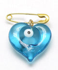 (EH5896) Handmade Lampwork Brooches, Heart with Evil Eye, Golden, LightSkyBlue Size: heart: about 19mm long, (2 PCS) Handmade Lampwork Brooches, Heart with Evil Eye, Golden, LightSkyBlue Size: heart: about 19mm long, 18mm wide, 8.5mm thick; brooch: 18.5x4mm.