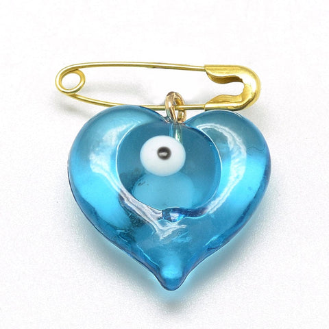 (EH5896) Handmade Lampwork Brooches, Heart with Evil Eye, Golden, LightSkyBlue Size: heart: about 19mm long, (2 PCS) Handmade Lampwork Brooches, Heart with Evil Eye, Golden, LightSkyBlue Size: heart: about 19mm long, 18mm wide, 8.5mm thick; brooch: 18.5x4mm.
