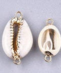 Electroplate Cowrie Shell Links, with Iron Findings, Golden, about 21~27mm long, Electroplate Cowrie Shell Links, with Iron Findings, Golden, Seashell Size: about 21~27mm long, 10~14mm wide, 6mm wide, hole: 1.5mm.