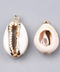Electroplate Freshwater Shell Pendants, with Iron Findings, Golden, FloralWhite 23~28mm long Electroplate Freshwater Shell Pendants, with Iron Findings, Golden, FloralWhite Size: about 23~28mm long, 15mm wide, 6~8mm thick, hole: 1.6mm.