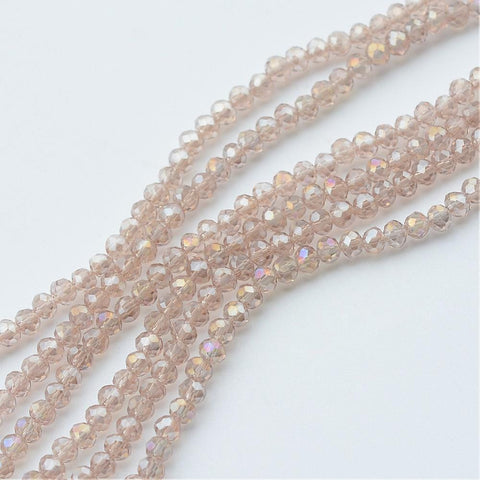 Electroplate Glass AB Color Plated, Faceted Rondelle, Linen 4mm Electroplate Glass Beads Strands, AB Color Plated, Faceted Rondelle, Linen Size: about 3.5~4mm in diameter, 2.5~3mm thick, hole: 0.5mm; about 150pcs/strand, 15.5"