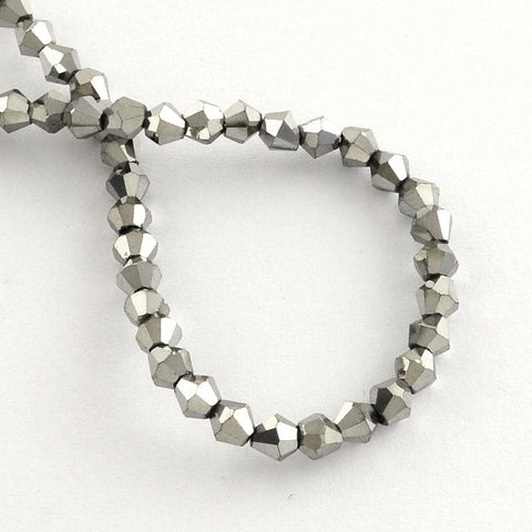Electroplate Glass Bead Strands, Faceted Bicone, Silver Plated, 3mm Electroplate Glass Bead Strands, Rainbow Plated, Faceted Bicone, Silver Plated Size: about 3mm long, 3.5mm in diameter, Hole: 1mm; about 150pcs/strand, 18".