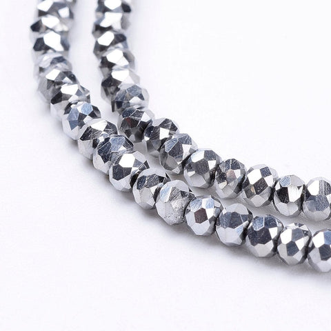 Electroplate Glass Bead Strands, Faceted, Rondelle, Silver Plated, 3x2mm Electroplate Glass Bead Strands, Faceted, Rondelle, Silver Plated Size: about 3mm in diameter, 2mm thick, hole: 0.5mm; about 193~195pcs/strand, 14.5".