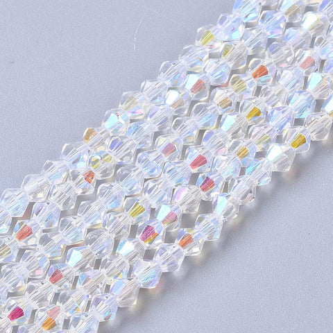 Electroplate Glass Beads Strands, AB Color Half Plated, Faceted, Bicone, Clear AB  3.5mm in diameter, 3mm thick, hole: 0.7mm; Electroplate Glass Beads Strands, AB Color Half Plated, Faceted, Bicone, Clear AB Size: about 3.5mm in diameter, 3mm thick, hole: 0.7mm; about 130~132pcs/Strand, 15.94''(40.5 cm).