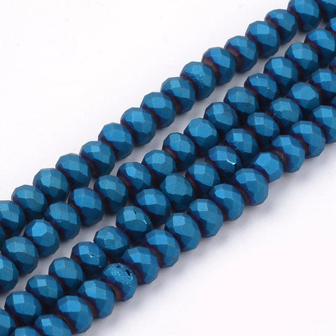 DODGER BLUE Electroplate Glass Beads Strands, Faceted, Matte Style, Rondelle, 4x3mm Electroplate Glass Beads Strands, Faceted, Matte Style, Rondelle, 4x3mm
