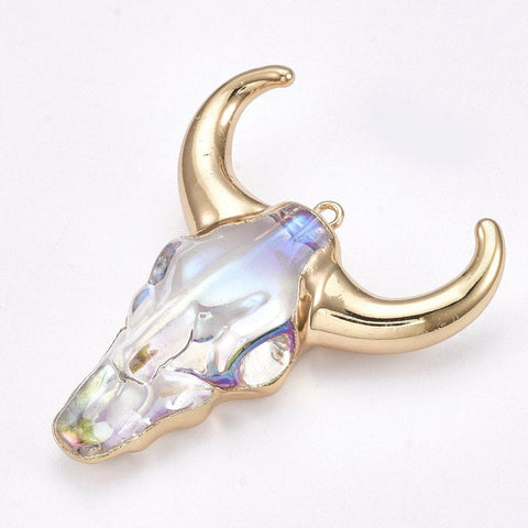 Gold Electroplate Glass Bull pendant  55~60mm long, 43~50mm wide Electroplate Glass Big Pendants, with Iron Findings, AB Colour, Ox-Head Shape, Clear AB, Golden Size: about 55~60mm long, 43~50mm wide, 15mm thick, hole: 2mm