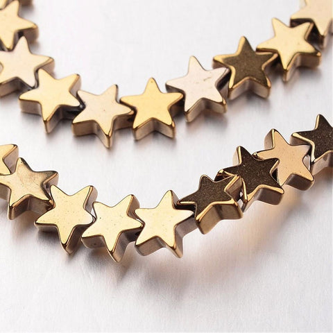 Electroplate Non-magnetic Synthetic Hematite Bead Strands, Star, Golden Plated 6MM Electroplate Non-magnetic Synthetic Hematite Bead Strands, Star, Golden Plated Size: about 6mm wide, 6mm long, 3mm thick, hole: 1mm, about 86pcs/strand, 15.7".
