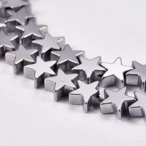 Electroplate Non-magnetic Synthetic Hematite Beads, Star, Platinum Plated 6mm Electroplate Non-magnetic Synthetic Hematite Beads Strands, Star, Grade A, Platinum Plated Size: about 6mm wide, 6mm long, 2mm thick, hole: 1mm; about 75pcs/strand, 16".