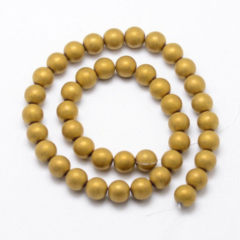 Electroplate Non-magnetic Synthetic Hematite Beads Strands, Matte Style, Round, Golden Plated 8mm in diameter, hole: 1.5mm Electroplate Non-magnetic Synthetic Hematite Beads Strands, Matte Style, Round, Golden Plated Size: about 8mm in diameter, hole: 1.5mm; about 50pcs/strand, 15.7"