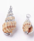 Electroplate Spiral Conch Shell Pendants, with Iron Findings, 32~41mm long Electroplate Spiral Shell Pendants, with Iron Findings, Conch, Platinum, Size: about 14~18mm wide, 32~41mm long, 12~16mm thick, hole: 4mm.
