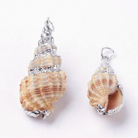 Electroplate Spiral Conch Shell Pendants, with Iron Findings, 32~41mm long Electroplate Spiral Shell Pendants, with Iron Findings, Conch, Platinum, Size: about 14~18mm wide, 32~41mm long, 12~16mm thick, hole: 4mm.
