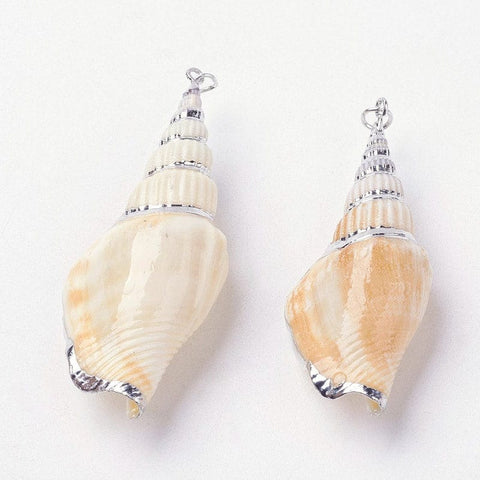Electroplate Spiral Conch Shell Pendants, with Iron Findings, Platinum, Electroplate Spiral Shell Big Pendants, with Iron Findings, Conch, Platinum, Size: about 24~27mm wide, 58~66mm long, 16~17.5mm thick, hole: 2mm.