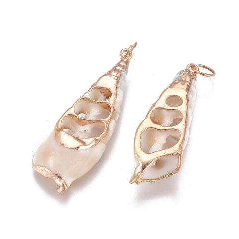 Electroplate Spiral Shell Pendants, with Brass Findings, Golden, 43~47mm long Electroplate Spiral Shell Pendants, with Brass Findings, Golden, Size: about 14~16mm wide, 43~47mm long, 7~8mm thick, hole: 5.5mm