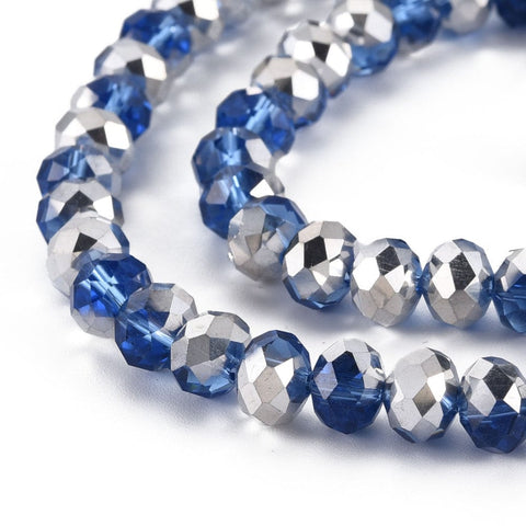 MEDIUM BLUE Electroplate Transparent Glass Beads Strands, Half Silver Plated, Faceted, Rondelle, 8x6mm Electroplate Transparent Glass Beads Strands, Half Silver Plated, Faceted, Rondelle, 8x6mm