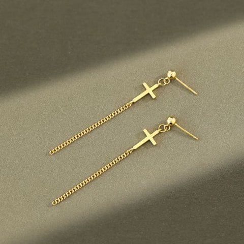 18KT GOLD PLATED Elegant Cross Curb Chain 925 Sterling Silver Dangling Earrings Elegant Cross Curb Chain 925 Sterling Silver Dangling Earrings
