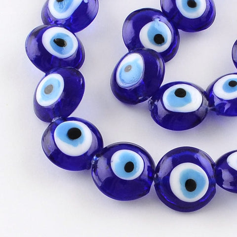 (EY2848) BLUE (EY2848X) Flat Round Evil Eye Lampwork Bead Strands, Blue 15~16mm (10 PCS) (EY2848X) Flat Round Evil Eye Lampwork Bead Strands, Blue 15~16mm (10 PCS)