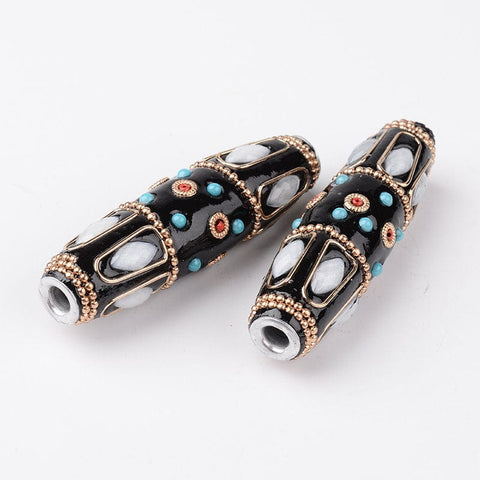 (FB5138) Handmade Indonesia Beads,  Black 60MM (1 PC) Rice Handmade Indonesia Beads, with Platinum Metal Color Aluminum Cores, Black Size: about 16mm wide, 60mm long, hole: 4mm