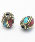 (FB5208-13) Handmade Indonesia Beads, with Brass, Synthetic Coral, Turquoise, Oval, 10~10.5mm (3 PCS) (FB5208-13) Handmade Indonesia Beads, with Brass, Synthetic Coral, Turquoise, Oval, 10~10.5mm (3 PCS)