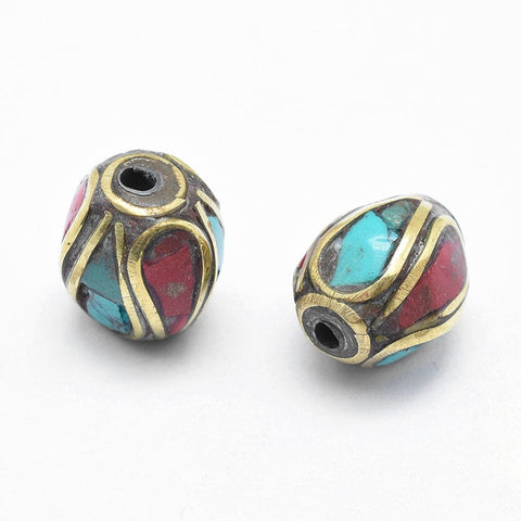 (FB5208-13) Handmade Indonesia Beads, with Brass, Synthetic Coral, Turquoise, Oval, 10~10.5mm (3 PCS) (FB5208-13) Handmade Indonesia Beads, with Brass, Synthetic Coral, Turquoise, Oval, 10~10.5mm (3 PCS)