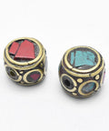 (FB5208B) Handmade Indonesia Beads, with Brass, Coral, Turquoise, Flat Round, 10MM (3 PCS) Handmade Indonesia Beads, with Brass, Coral, Turquoise, Flat Round, Colorful Size: about 10mm diameter, 8mm thick, hole: 1.5mm.