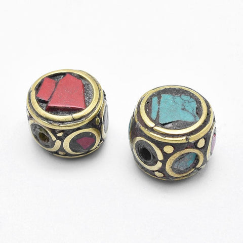 (FB5208B) Handmade Indonesia Beads, with Brass, Coral, Turquoise, Flat Round, 10MM (3 PCS) Handmade Indonesia Beads, with Brass, Coral, Turquoise, Flat Round, Colorful Size: about 10mm diameter, 8mm thick, hole: 1.5mm.