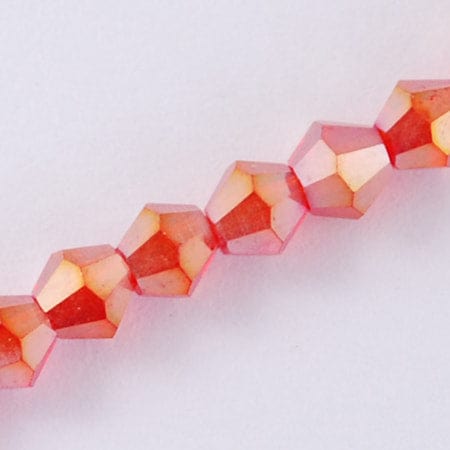 Glass Beads Strands, AB Color Plated, Faceted, Bicone, Red Size: about 3mm long, 3~3.5mm in diameter, hole: 0.5mm Glass Beads Strands, AB Color Plated, Faceted, Bicone, Red Size: about 3mm long, 3~3.5mm in diameter, hole: 0.5mm; about 150pcs/strand, 15.5".