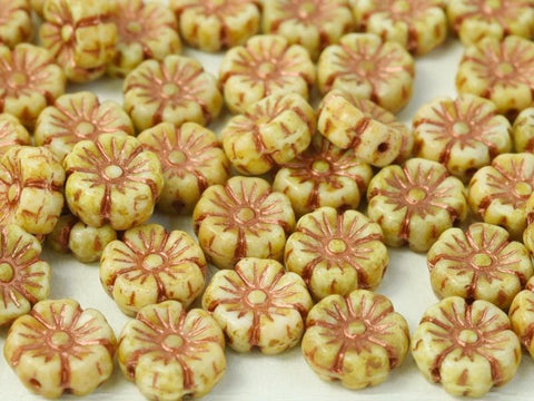 (FLB-03000-96827) OLIVE / COPPER BROWN GLASS FLOWER BEADS, 9MM GLASS FLOWER BEADS, 9MM