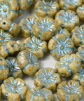 (FLB-03000-96831) OLIVE/LT BLUE GLASS FLOWER BEADS, 9MM GLASS FLOWER BEADS, 9MM