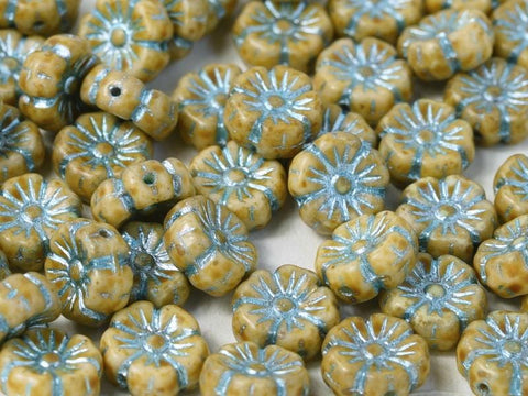 (FLB-03000-96831) OLIVE/LT BLUE GLASS FLOWER BEADS, 9MM GLASS FLOWER BEADS, 9MM