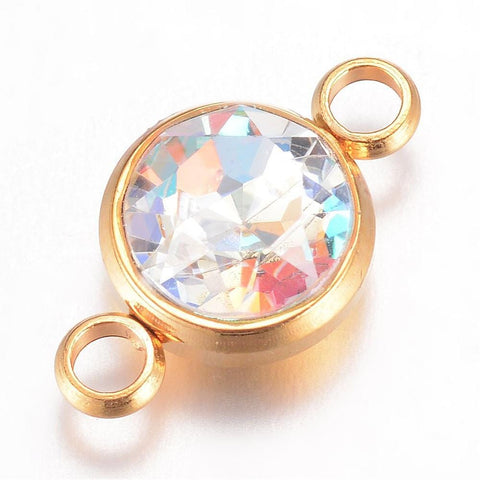 CRYSTAL AB Glass Links, Stainless Steel Flat Round, Golden, 17.5mm (1 PC) Glass Links, Faceted, with 304 Stainless Steel Findings, Flat Round, Golden, 10x17.5mm