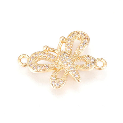 (GQ5875) Brass, Butterfly, Clear, Real Gold Plated Size: about 20mm wide (2 PCS) Environmental Brass Micro Pave Cubic Zirconia Links, Long-Lasting Plated, Lead Free & Cadmium Free & Nickel Free, Butterfly, Clear, Real Gold Plated Size: about 20mm wide, 14mm long, 2.5mm thick, hole: 1.6mm.