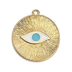 (GQ6185B) BLUE CENTRE (GQ6185X) Disc eye 23mm with rays pendant 24K GOLD PLATED 23X25MM (1 PC) Disc eye 23mm with rays pendant  24K GOLD PLATED   23 X 25MM