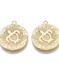(GQP8311-G) Brass Pendants, Flat Round with Turtle, Real 18K Gold Plated 19.5mm (2 PCS) (GQP8311-G) Brass Pendants, Flat Round with Turtle, Real 18K Gold Plated 19.5mm (2 PCS)