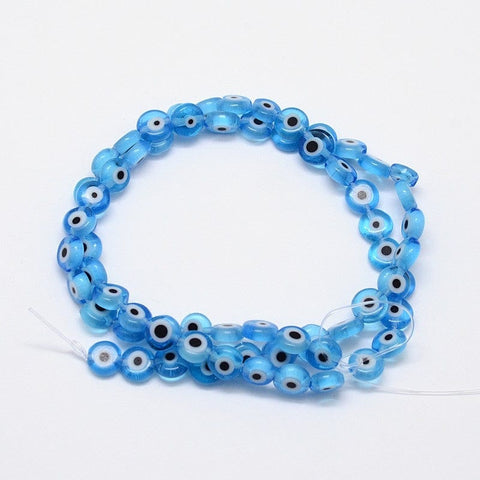 Dodger Blue Handmade Evil Eye Lampwork Flat Round Bead, Blue 6mm Handmade Evil Eye Lampwork Flat Round Bead Strands, Blue Size: about 6mm in diameter, 3mm thick, hole: 1mm, about 68pcs/strand