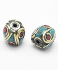 Handmade Indonesia Beads, with Brass, Coral, Turquoise, Oval, Colorful 9MM (FB5207) Handmade Indonesia Beads, with Brass, Coral, Turquoise, Oval, Colorful Size: about 9~9.5mm long, 9mm wide, hole: 1.5mm.