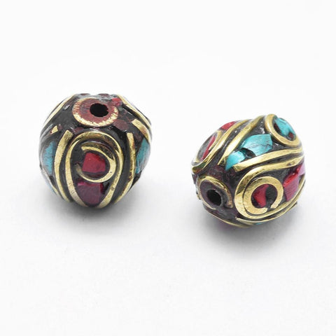 Handmade Indonesia Beads, with Brass, Coral, Turquoise, Round, Colorful 10MM (FB5208) Handmade Indonesia Beads, with Brass, Coral, Turquoise, Round, Colorful Size: about 10~11mm long, 9.5~10mm wide, hole: 1.5mm.
