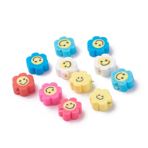 Handmade Polymer Clay Beads, Flower with Smile Face, Mixed 10mm Handmade Polymer Clay Beads, Flower with Smile Face, Mixed 10mm