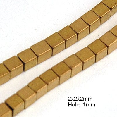(HB5121) Hematite Beads Strands, Cube, Golden Plated 2MM Non-magnetic Synthetic Hematite Beads Strands, Cube, Golden Plated Size: about 2mm in diameter, hole: 1mm, about 174pcs/strand, 15.5".