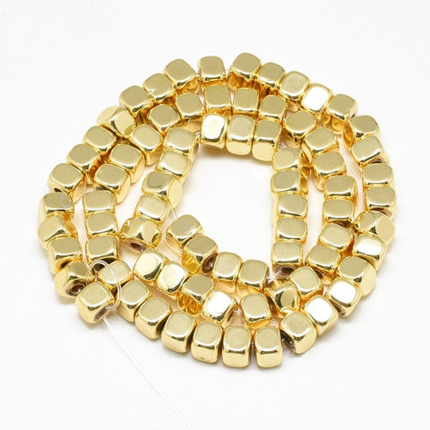 (HB5126) Hematite Beads, Cube, Golden Plated 6MM Electroplate Synthetic Non-magnetic Hematite Beads Strands, Cube, Golden Plated Size: about 6mm long, 6mm wide, 5mm thick, hole: 2mm; about 77pcs/strand, 15.94".