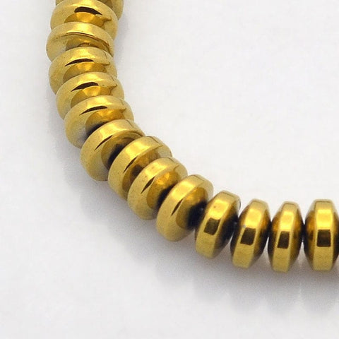 GOLDEN (HB5886A) (HB5886A) Synthetic Hematite Rondelle  6x3mm (1 STR) Electroplate Non-magnetic Synthetic Hematite Rondelle Beads Strands, Golden Plated Size: about 6mm in diameter, 3mm thick, hole: 1mm; about 146pcs/strand, 15.7".