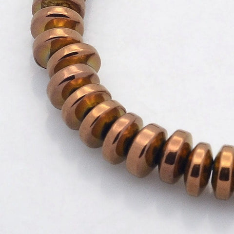 (HB5886B) Electroplate Non-magnetic Synthetic Hematite Rondelle Beads Strands, Copper Plated Size: about 6mm Electroplate Non-magnetic Synthetic Hematite Rondelle Beads Strands, Copper Plated Size: about 6mm in diameter, 3mm thick, hole: 1mm; about 146pcs/strand, 15.7".