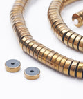 (HB5890A) Hematite Beads Strands, Heishi Beads, Flat Round-Disc, Golden  8mm Electroplate Non-Magnetic Synthetic Hematite Beads Strands, Heishi Beads, Flat Round/Disc, Golden Plated Size: about 8mm in diameter, 2mm thick, hole: 1mm, about 188pcs/strand, 15.4"(39.3cm).