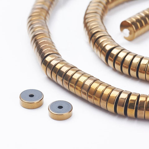 (HB5890A) Hematite Beads Strands, Heishi Beads, Flat Round-Disc, Golden  8mm Electroplate Non-Magnetic Synthetic Hematite Beads Strands, Heishi Beads, Flat Round/Disc, Golden Plated Size: about 8mm in diameter, 2mm thick, hole: 1mm, about 188pcs/strand, 15.4"(39.3cm).