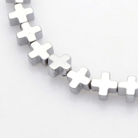 PLATINUM PLATED (HB5894B) (HB5894-X) Electroplate Non-magnetic Synthetic Hematite Cross,4x4mm (+- 50 PCS) Electroplate Non-magnetic Synthetic Hematite Beads Strands, Cross, Platinum Plated Size: about 4mm wide, 4mm long, 2mm thick, hole: 0.5mm; about 94pcs/strand, 15.7".