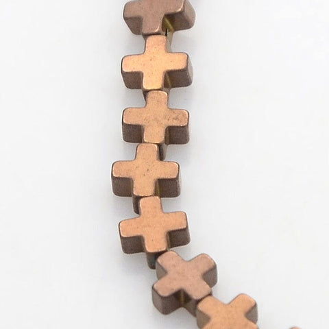 COPPER PLATED (HB5894-05) (HB5894-X) Electroplate Non-magnetic Synthetic Hematite Cross,4x4mm (+- 50 PCS) Electroplate Non-magnetic Synthetic Hematite Beads Strands, Cross, Platinum Plated Size: about 4mm wide, 4mm long, 2mm thick, hole: 0.5mm; about 94pcs/strand, 15.7".
