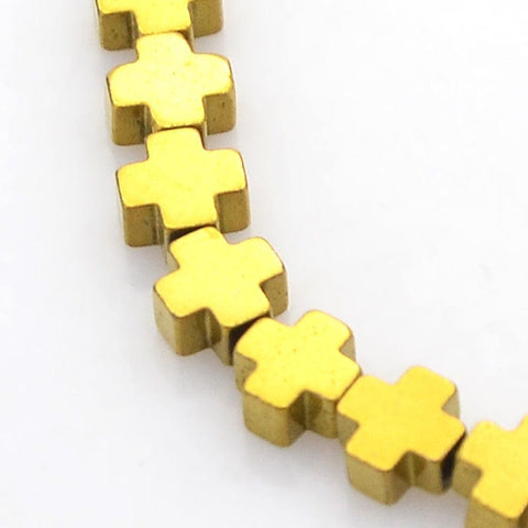 GOLDEN PLATED (HB5894A) (HB5894-X) Electroplate Non-magnetic Synthetic Hematite Cross,4x4mm (+- 50 PCS) Electroplate Non-magnetic Synthetic Hematite Beads Strands, Cross, Platinum Plated Size: about 4mm wide, 4mm long, 2mm thick, hole: 0.5mm; about 94pcs/strand, 15.7".