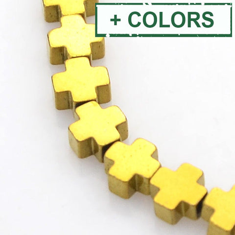 (HB5894-X) Electroplate Non-magnetic Synthetic Hematite Cross,4x4mm (+- 50 PCS) Electroplate Non-magnetic Synthetic Hematite Beads Strands, Cross, Platinum Plated Size: about 4mm wide, 4mm long, 2mm thick, hole: 0.5mm; about 94pcs/strand, 15.7".