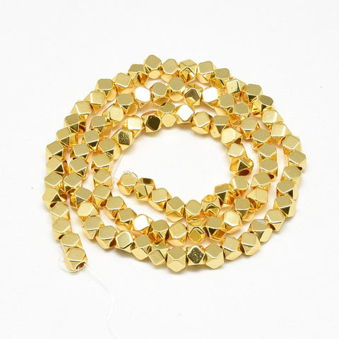 (HB6080-X) Hematite Strands, Polygon, 4mm Hole: 2mm (1 STR) Electroplate Synthetic Non-magnetic Hematite Beads Strands, Polygon, Golden Plated Size: about 4mm long, 4mm wide, 4mm thick, hole: 2mm; about 97pcs/strand, 15.7".
